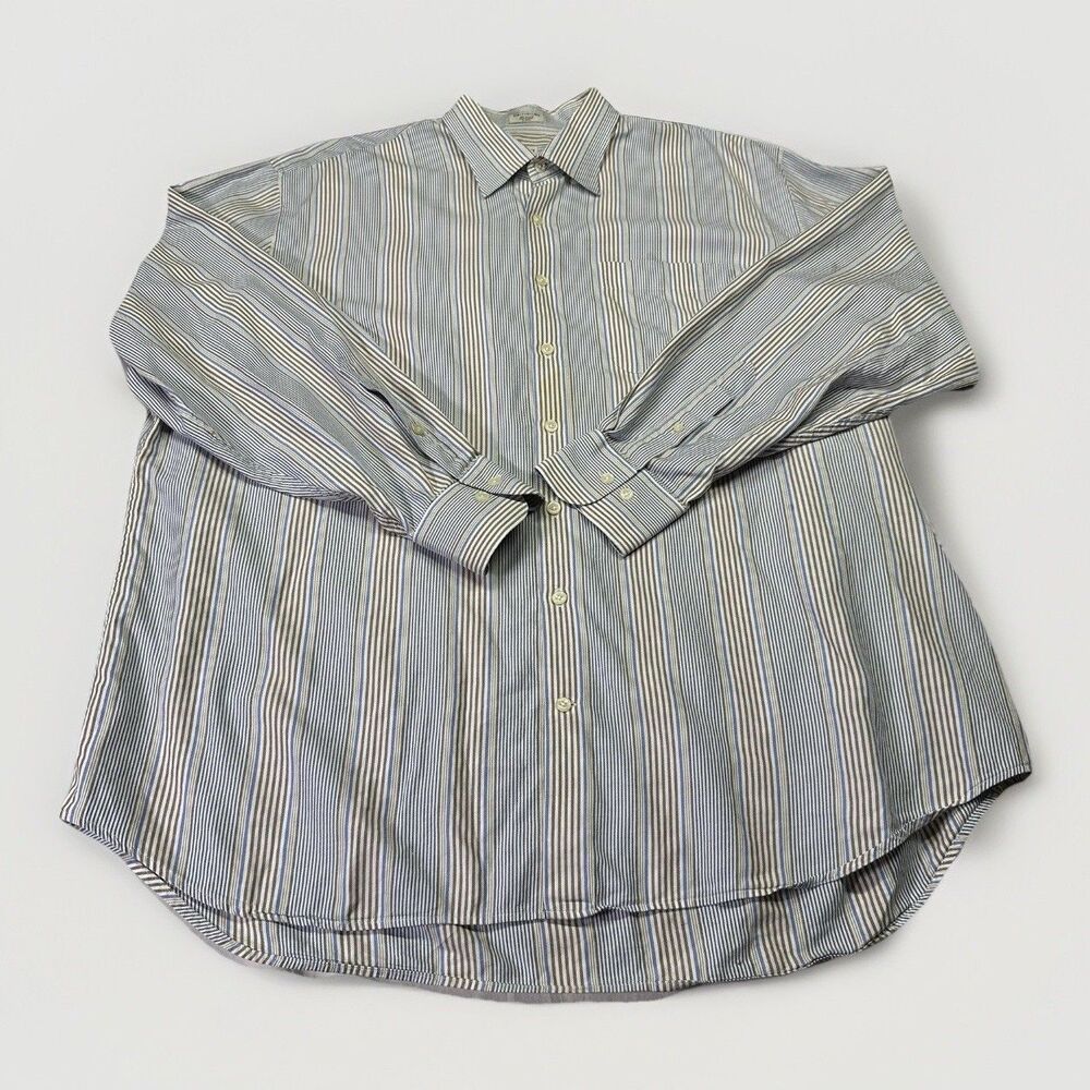 Peter Millar Mens XXL Blue Brown Stripe Button Front Dress Shirt 100% Cotton